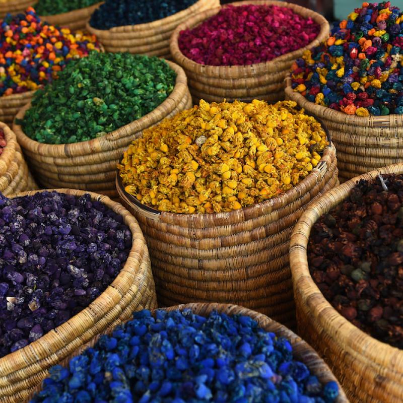 Colorful spices in a market in Marrkech