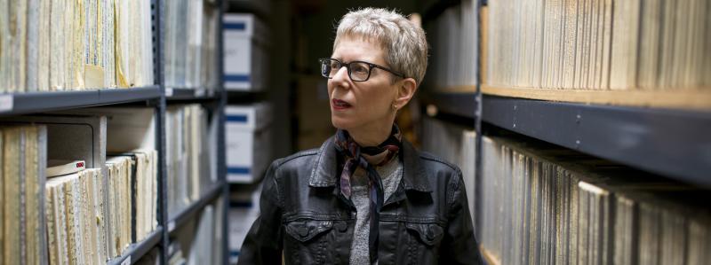 Terry Gross walking through the physical Fresh Air Archive
